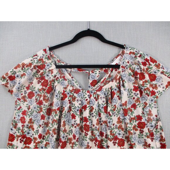 Lauren Conrad Womens Plus Size - 2X Floral Print Blouse Red White Green On Beige - Picture 8 of 10